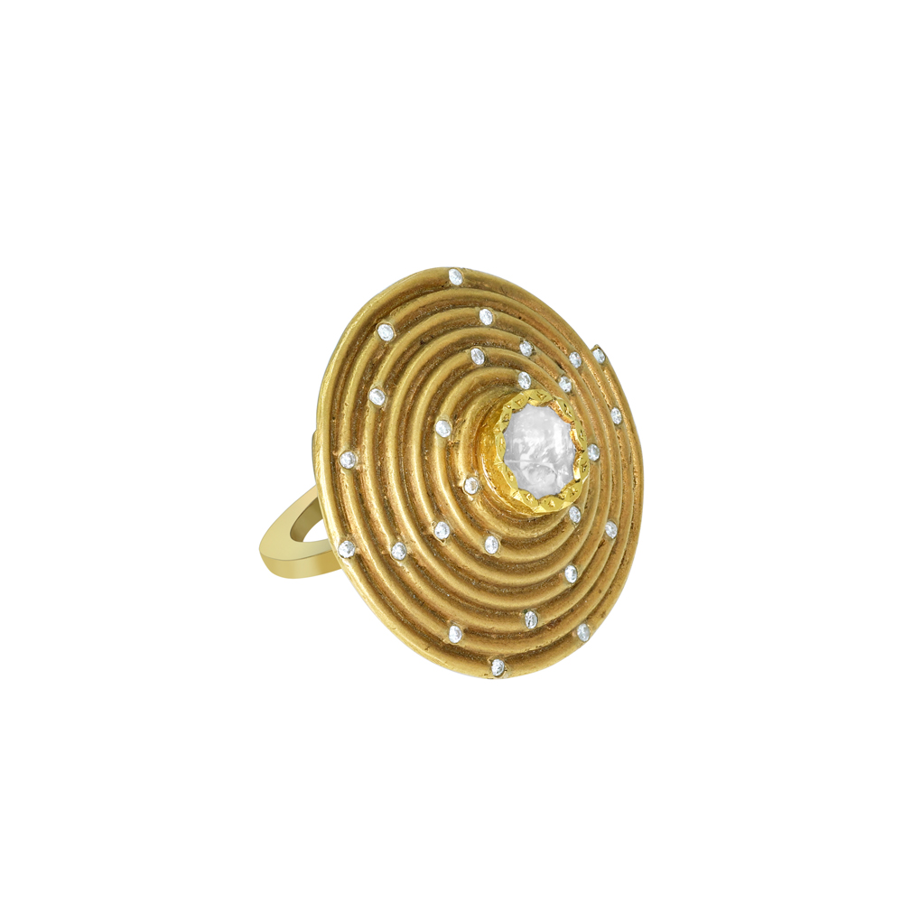 Gold Spiral Ring with Diamonds and Central Polki